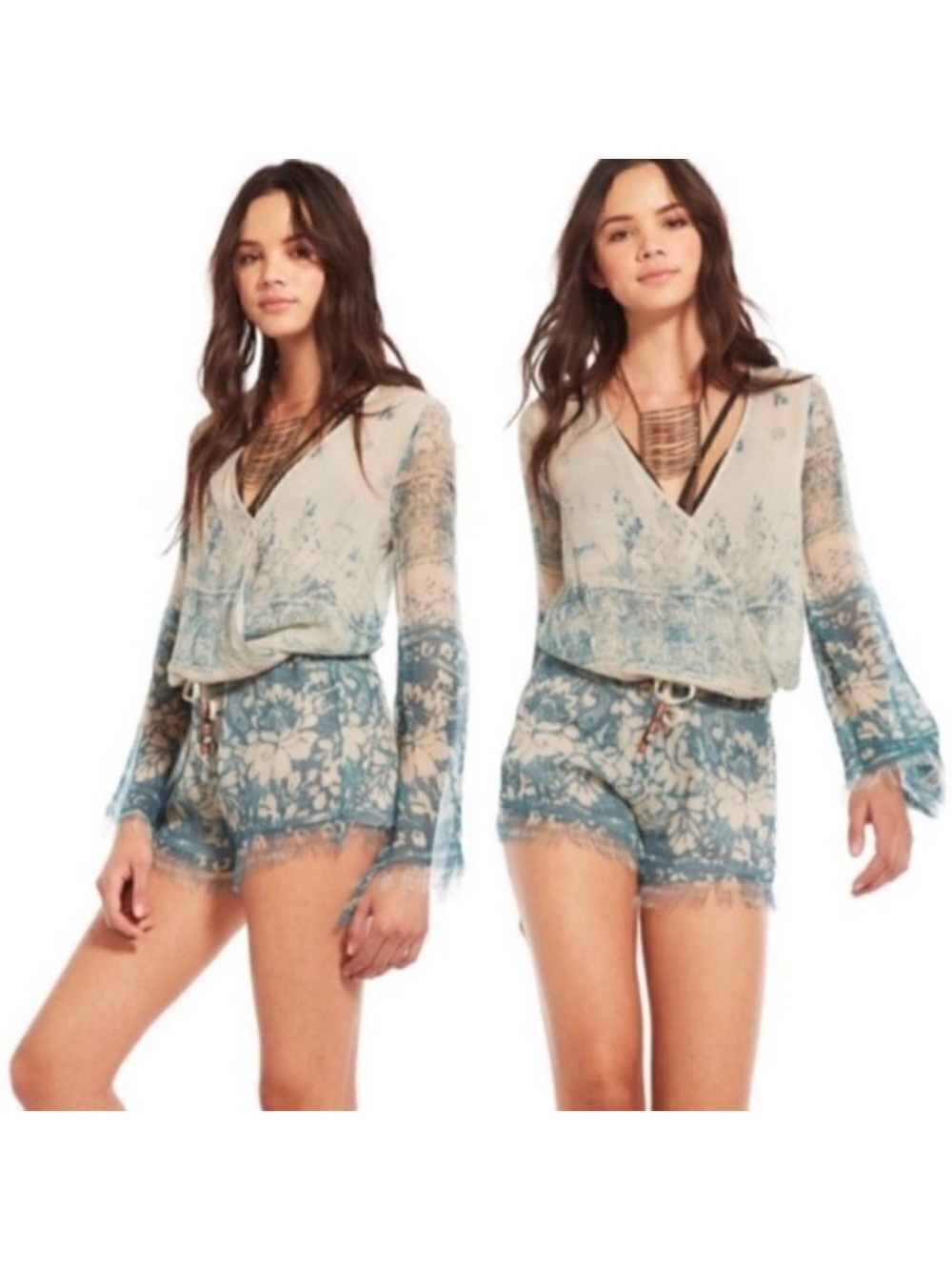 Chaser - Boho Blue/Cream Silk Chiffon Floral Tapestry Bell Sleeve Fringe Romper